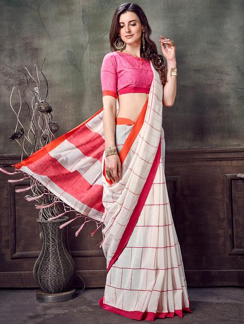 off-white checkered handloom saree with blouse - 16139123 - Very Small Image - 1