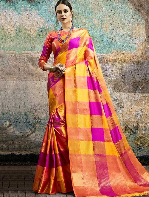 checkered zari motif banarasi saree with blouse - 16139591 - Very Small Image - 1