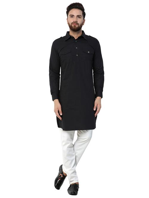 black solid pathani kurta - 16140050 - Very Small Image - 1