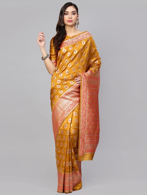 ethnic zari motif woven saree with blouse - 16140269 - Very Small Image - 1