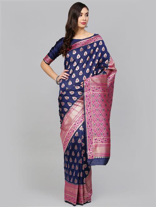 ethnic zari motif woven saree with blouse - 16140270 - Very Small Image - 1