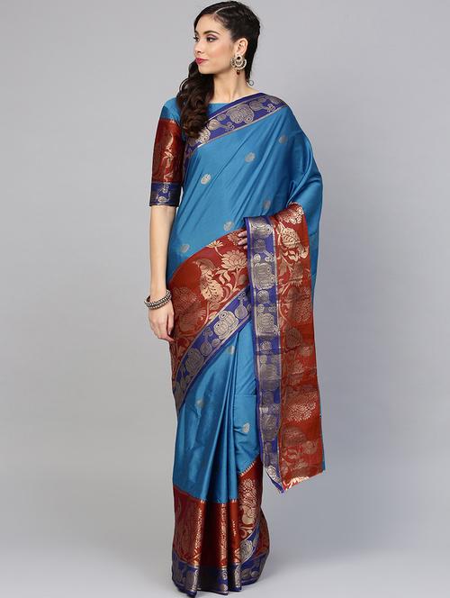 contrast zari border woven saree with blouse - 16140272 - Very Small Image - 1