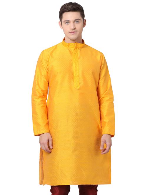 yellow silk blend long kurta - 16141799 - Very Small Image - 1