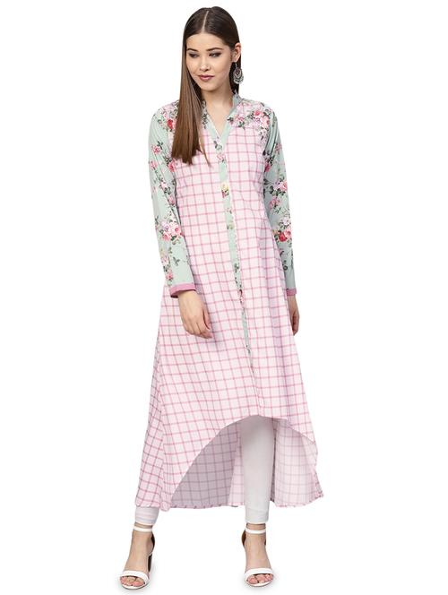 floral checkered high-low kurta - 16141841 - Very Small Image - 1