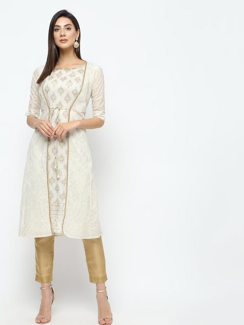 block print kurta with drawstring jacket - 16141891 - Very Small Image - 1
