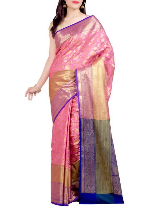 floral zari motif banarasi saree with blouse - 16142058 - Very Small Image - 1