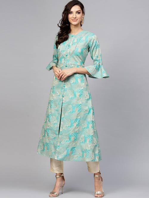 turquoise bell sleeves a-line kurta - 16157656 - Very Small Image - 1