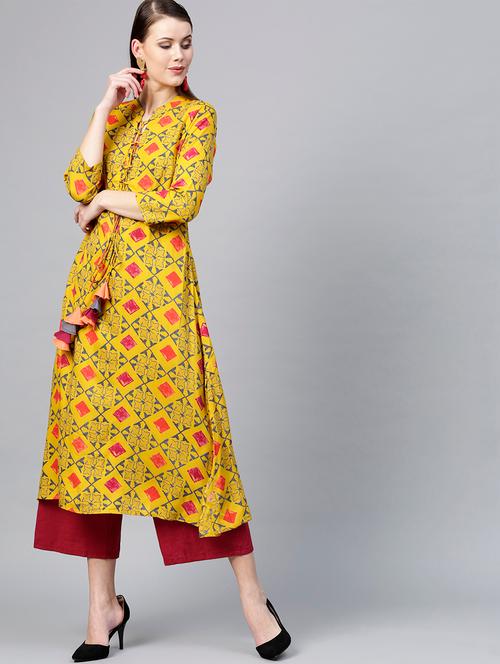 printed a-line kurta with tassels - 16157680 - Very Small Image - 1