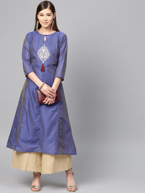 embroidered a-line kurta with tassels - 16157697 - Very Small Image - 1
