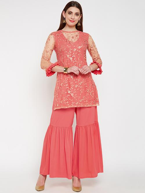 tonal embroidered kurta with solid sharara set - 16157834 - Very Small Image - 1
