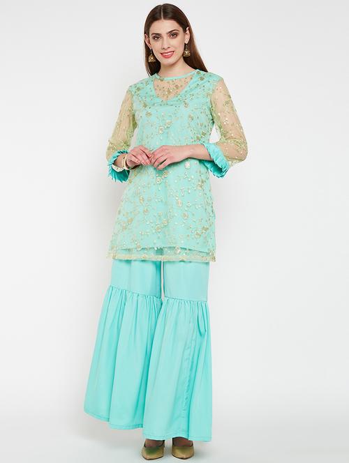 tonal embroidered kurta with solid sharara set - 16157835 - Very Small Image - 1
