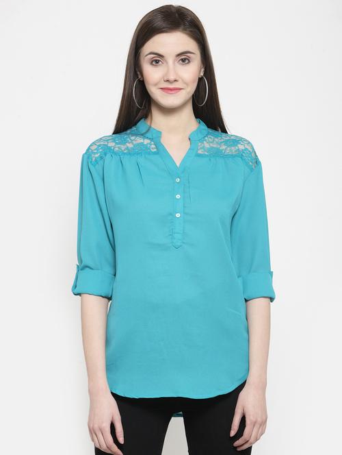 roll up sleeved lace panel top - 16158298 - Very Small Image - 1