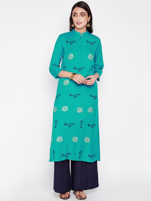 conversational block print kurta - 16158341 - Very Small Image - 1