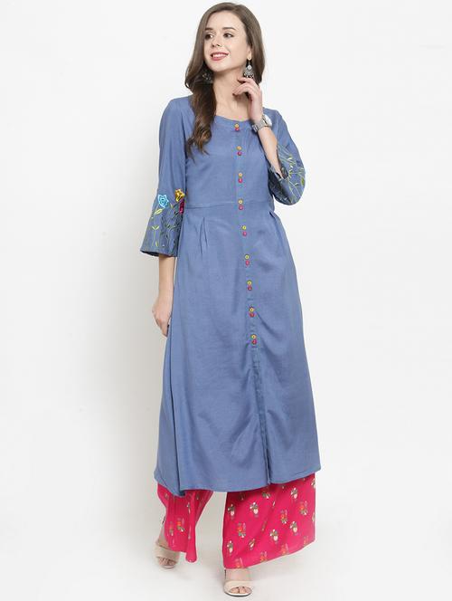 embroidered sleeved kurta with palazzo set - 16158713 - Very Small Image - 1