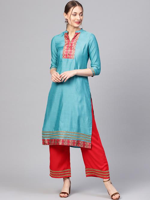 turquoise straight kurta palazzo set - 16165643 - Very Small Image - 1