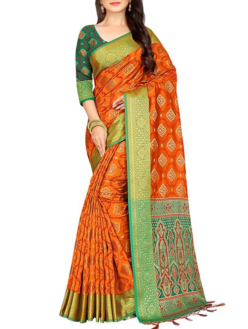 ethnic zari motif patola saree with blouse - 16165910 - Very Small Image - 1