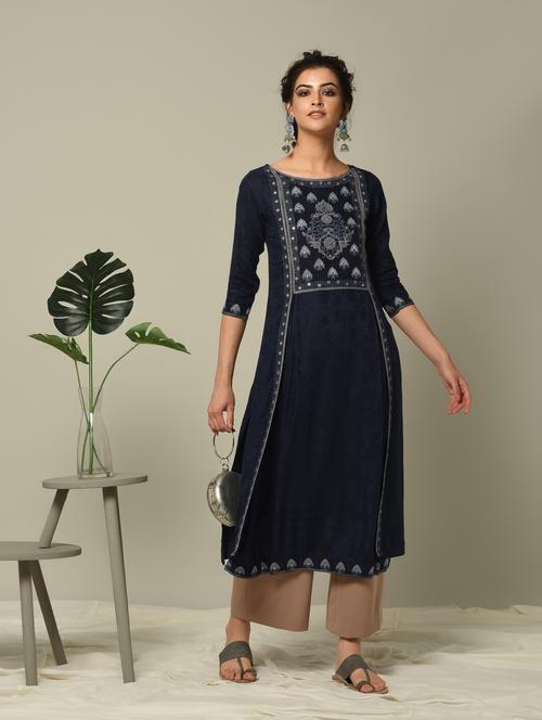 embroidered navy straight kurta - 16167214 - Very Small Image - 1