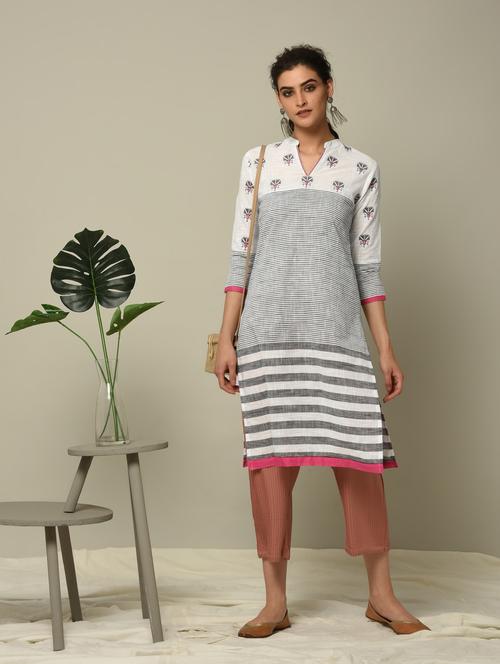 off-white striped straight kurta - 16167250 - Very Small Image - 1