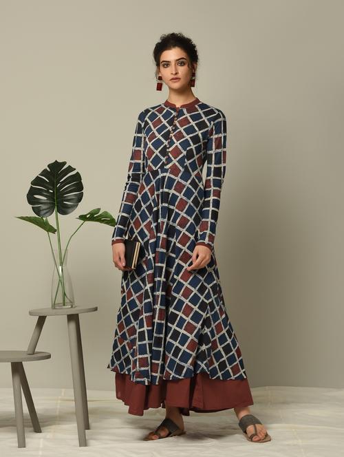 checkered printed layered kurta - 16167286 - Very Small Image - 1