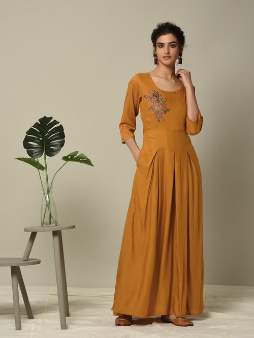 mustard embroidered flared kurta - 16167290 - Very Small Image - 1