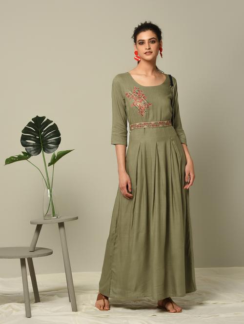 olive embroidered flared kurta - 16167291 - Very Small Image - 1