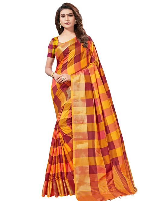 contrast checkered woven saree with blouse - 16168549 - Very Small Image - 1