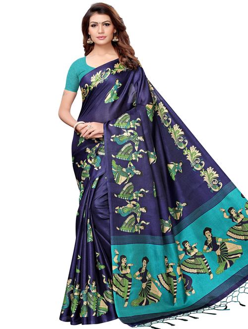 navy kalamkari printed saree with blouse - 16169446 - Very Small Image - 1