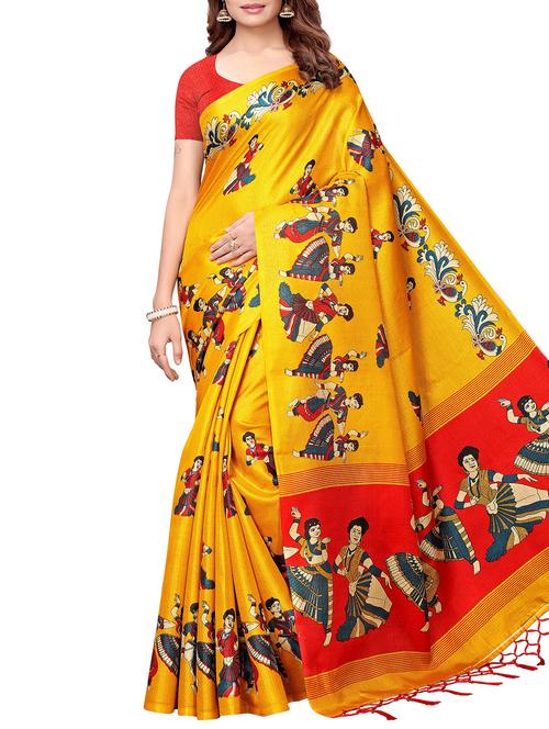 yellow kalamkari printed saree with blouse - 16169448 - Very Small Image - 1