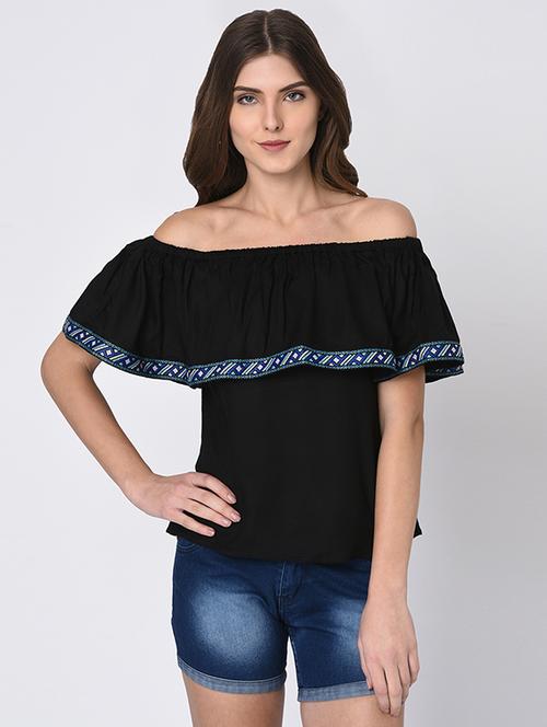 off shoulder contrast panel top - 16172754 - Very Small Image - 1