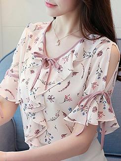 tie knot ruffle detail floral top - 16176652 - Very Small Image - 1