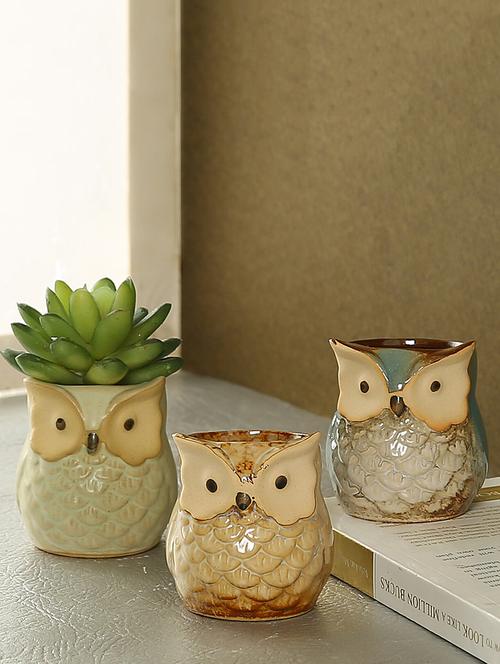 multicolor owl design ceramic pot - set of 3 - 16179514 - Very Small Image - 1