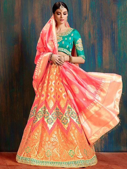 orange silk flared lehenga - 16185055 - Very Small Image - 1