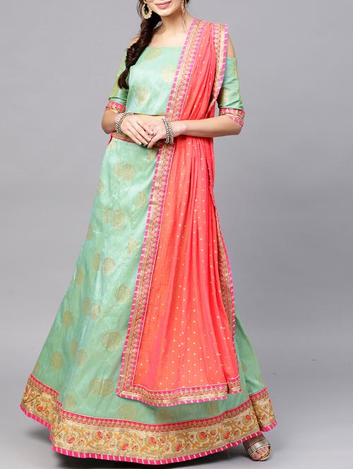 green art silk flared lehenga - 16185059 - Very Small Image - 1