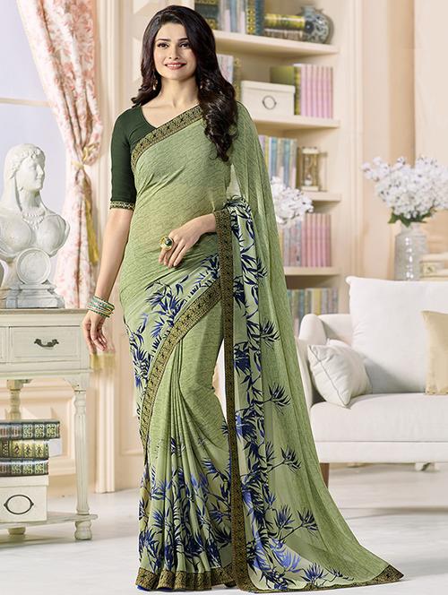 olive printed saree - 16185889 - Very Small Image - 1