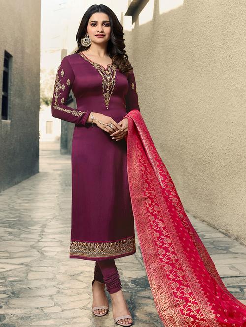 embroidered semi-stitched churidaar suit - 16188029 - Very Small Image - 1