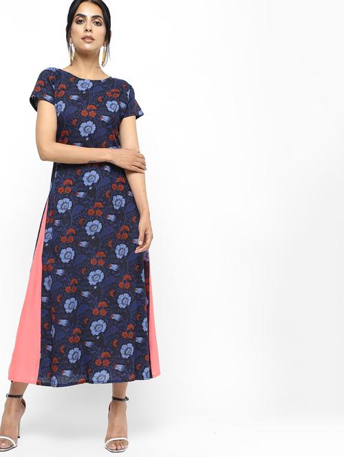 contrast paneled floral a-line kurta - 16190142 - Very Small Image - 1