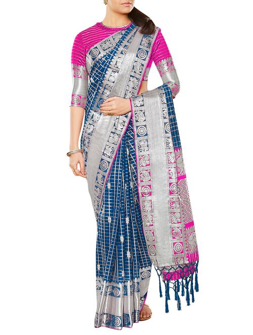 checkered zari motif banarasi saree with blouse - 16192791 - Very Small Image - 1