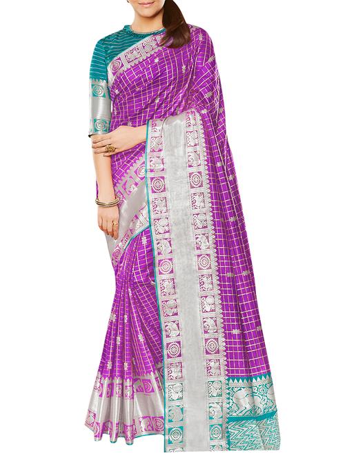 checkered zari motif banarasi saree with blouse - 16192796 - Very Small Image - 1