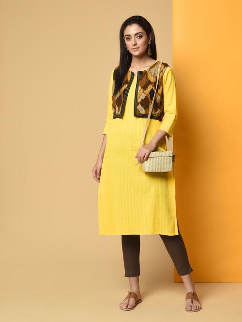 lime yellow kurta pant with ikat printed set - 16192981 - Very Small Image - 1