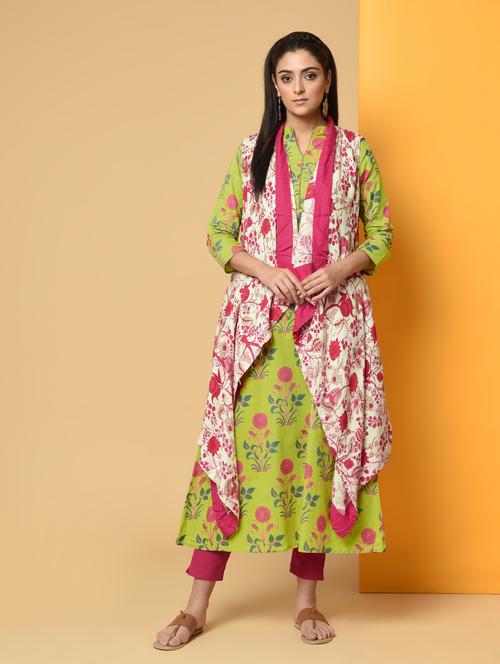 floral print kurta pant with printed asymmetric jacket set - 16192989 - Very Small Image - 1