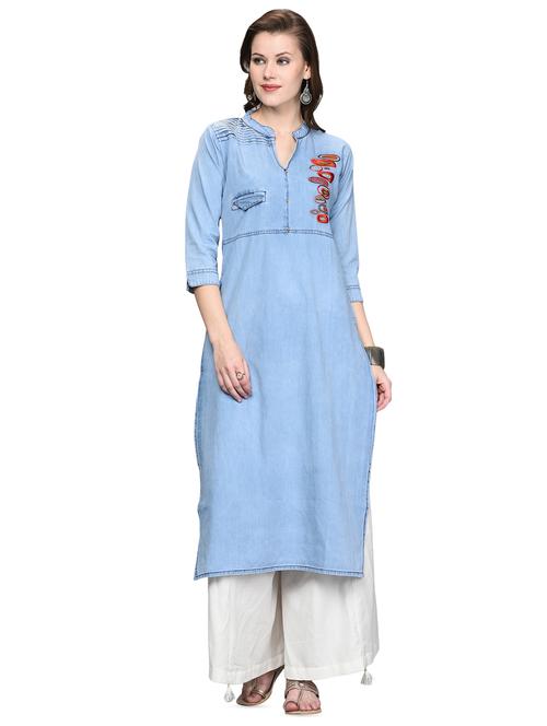 denim embroidered straight kurta - 16193211 - Very Small Image - 1