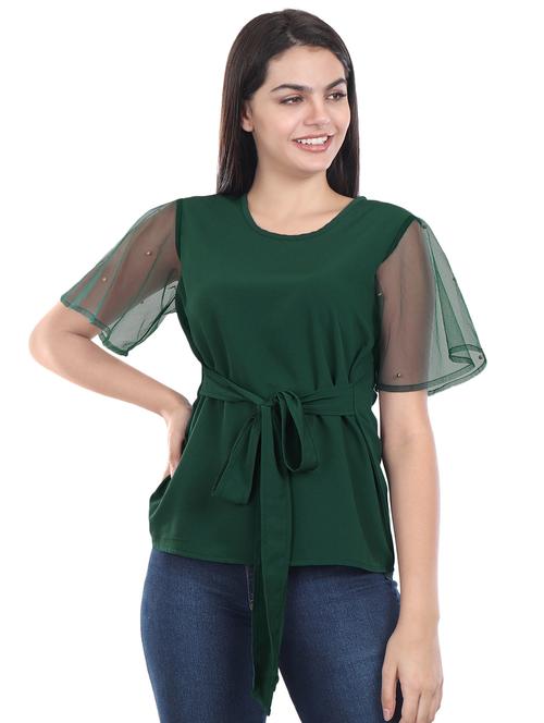 tie front sheer sleeved top - 16195582 - Very Small Image - 1