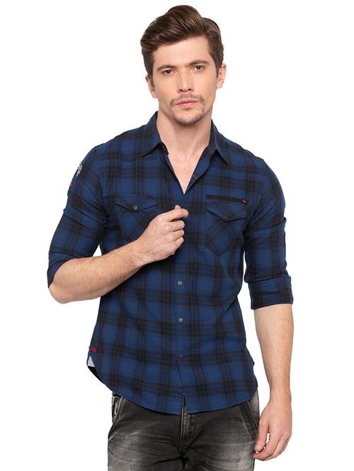 navy blue checkered casual shirt - 16196465 - Very Small Image - 1