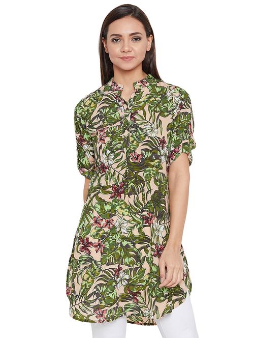 tropical print mandarin neck tunic - 16198972 - Very Small Image - 1