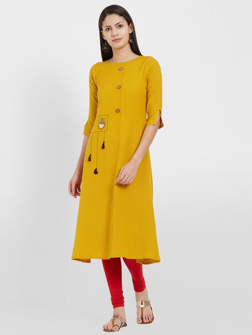 mustard embroidered straight kurta - 16198986 - Very Small Image - 1