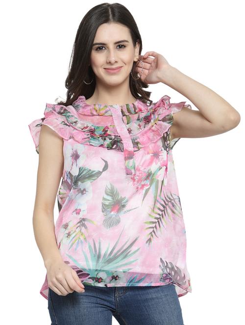 ruffled round neck floral top - 16199192 - Very Small Image - 1