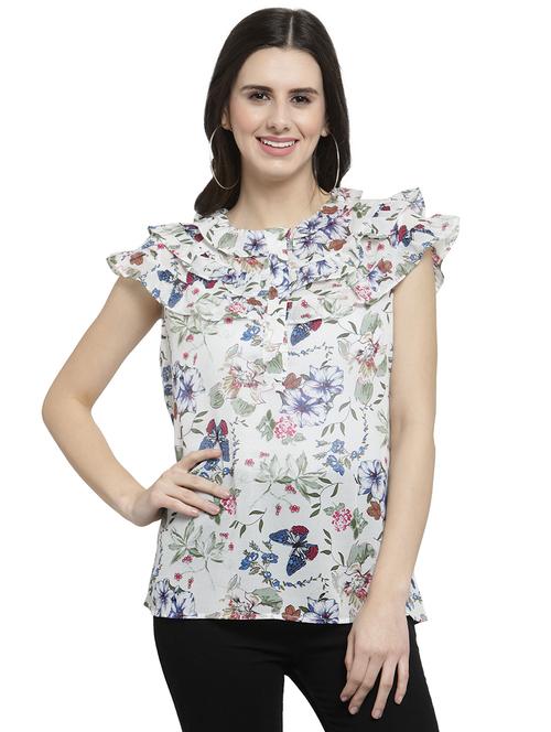 ruffled round neck floral top - 16199193 - Very Small Image - 1
