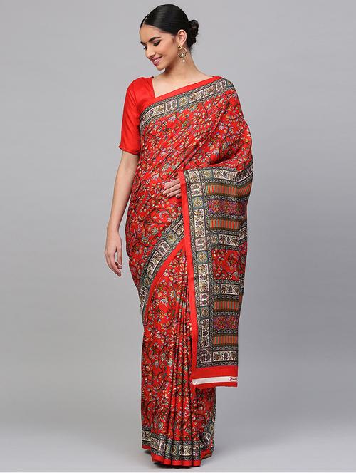 red kalamkari printed saree with blouse - 16199646 - Very Small Image - 1