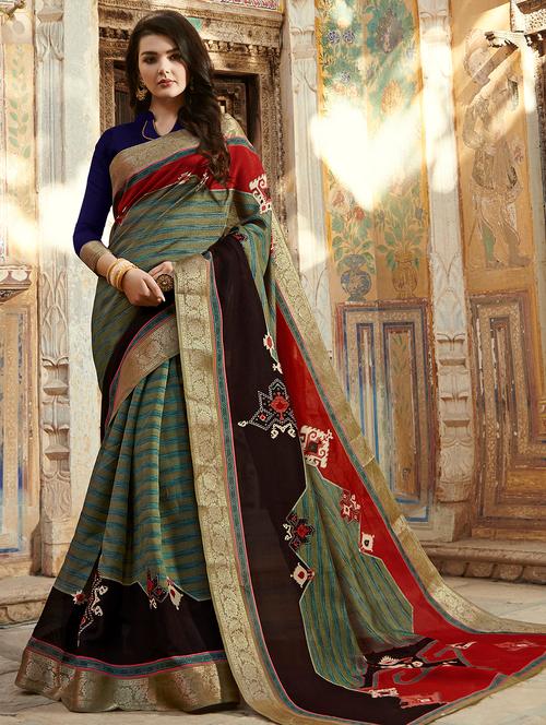 striped printed saree with blouse - 16202883 - Very Small Image - 1