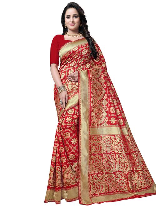 floral zari motif banarasi saree with blouse - 16202931 - Very Small Image - 1